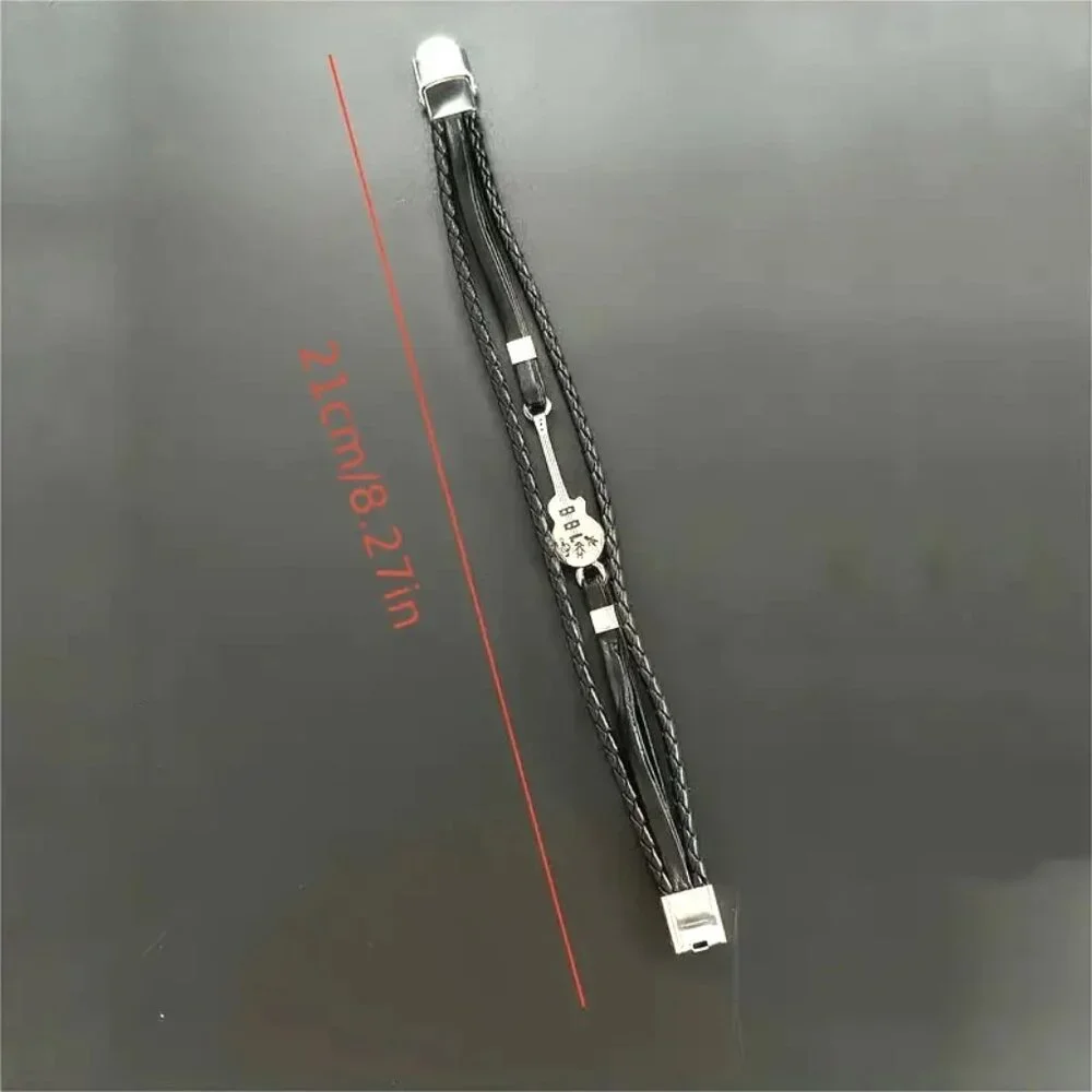 Leather Bracelet Guitar wrist Edgy Rock Bangle Stainless Black Stylish Music NEW